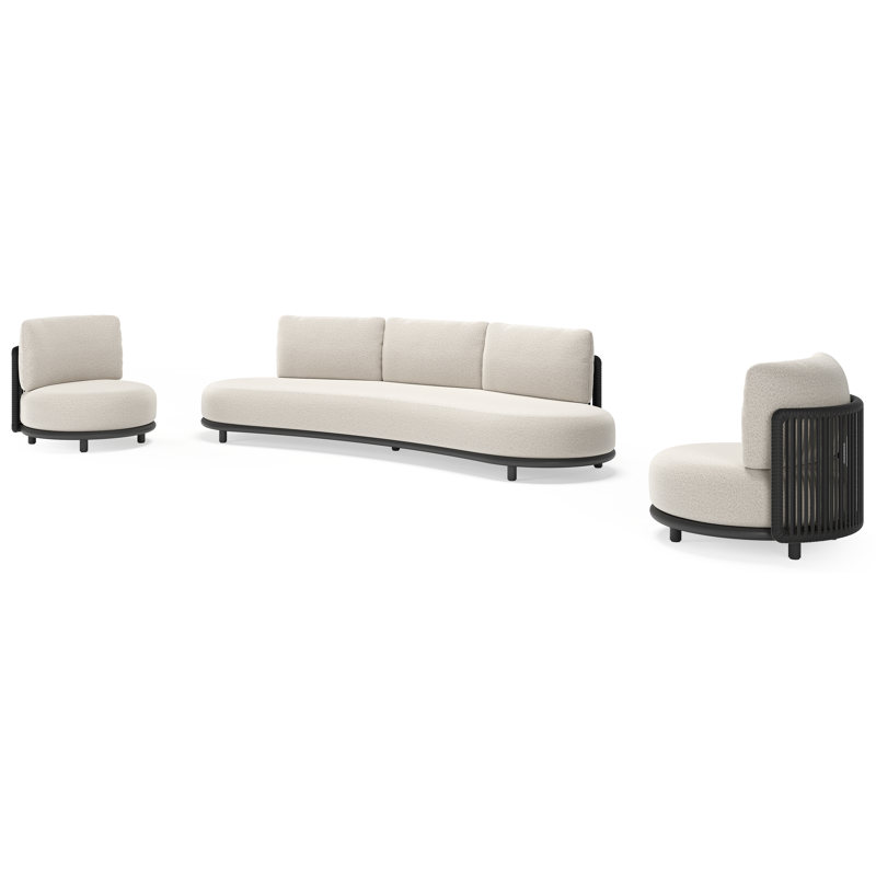 Salon de jardin Lomano en aluminium noir et corde luxe plate tissée verticalement noir et coussins en all weather solica firenze natural