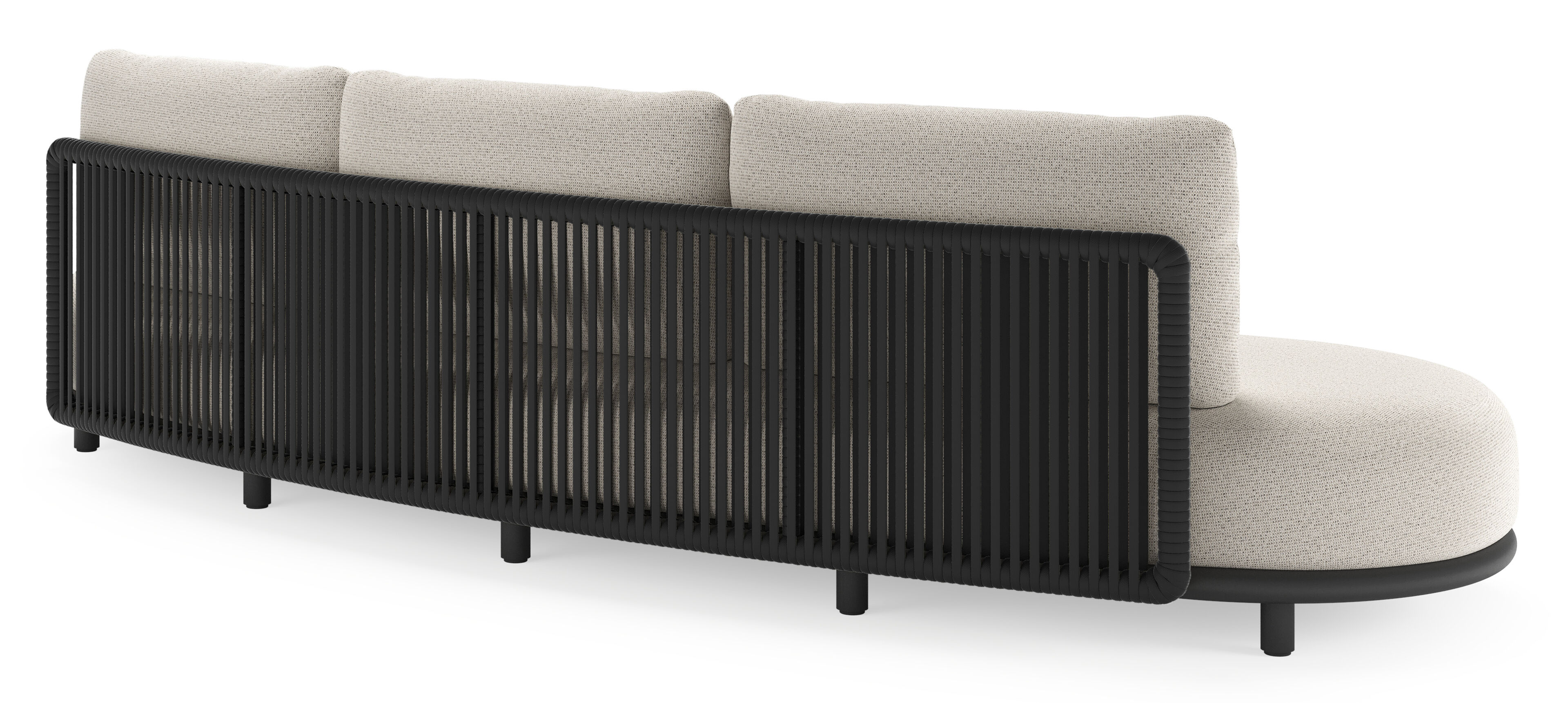 Lomano loungeset in zwart aluminium en zwart verticaal geweven luxe vlakke rope met firenze natural all weather solica kussen