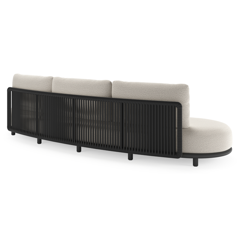 Salon de jardin Lomano en aluminium noir et corde luxe plate tissée verticalement noir et coussins en all weather solica firenze natural