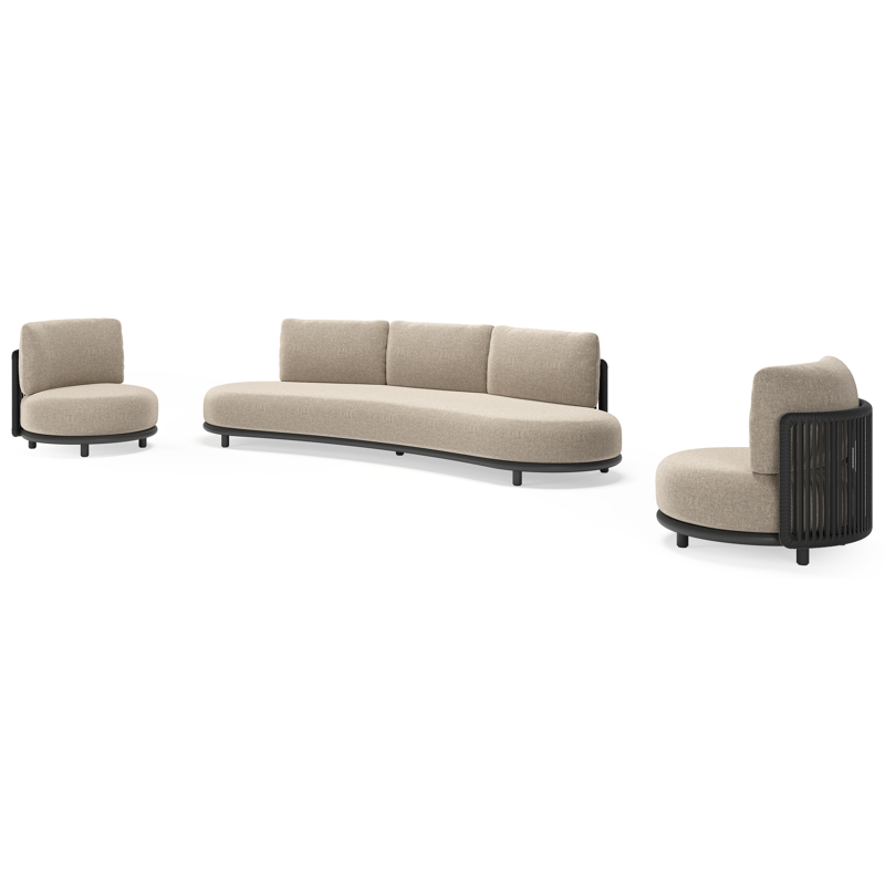 Lomano loungeset in zwart aluminium en zwart verticaal geweven luxe vlakke rope met chartres pewter all weather sunbrella® luxe kussen