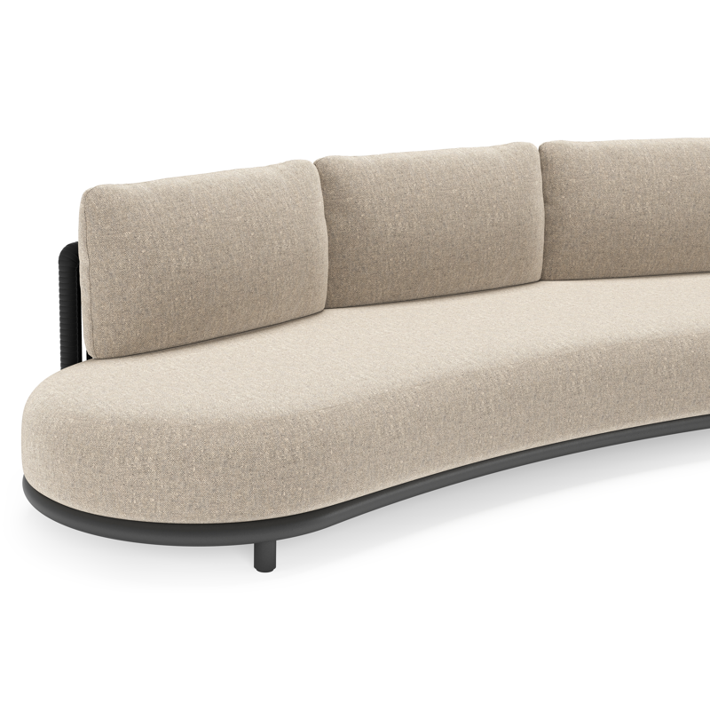 Lomano loungeset in zwart aluminium en zwart verticaal geweven luxe vlakke rope met chartres pewter all weather sunbrella® luxe kussen