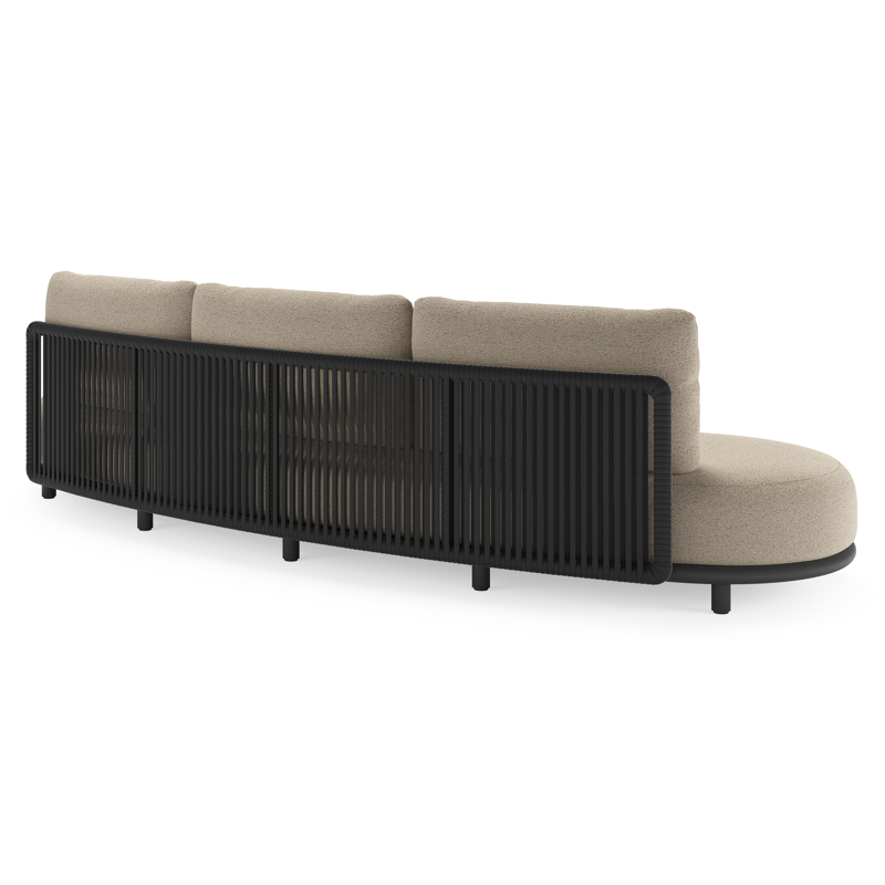 Salon de jardin Lomano en aluminium noir et corde luxe plate tissée verticalement noir et coussins en all weather cosytica marbella beige