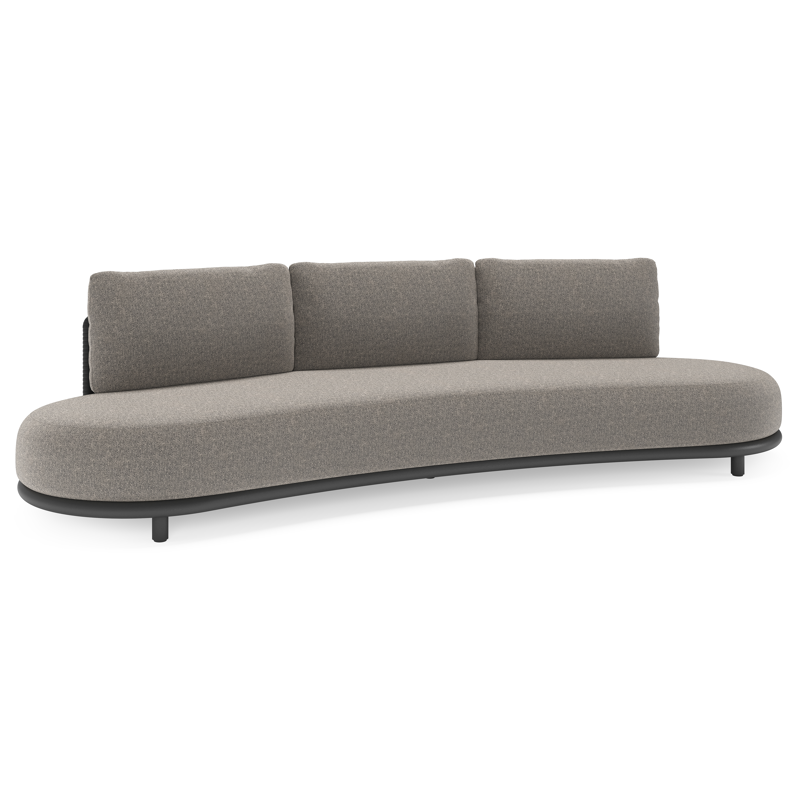 Canapé de jardin Lomano en aluminium noir et corde luxe plate tissée verticalement noir et coussins en all weather sunbrella® luxe chartres drizzle