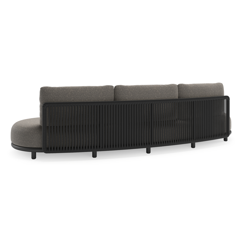 Canapé de jardin Lomano en aluminium noir et corde luxe plate tissée verticalement noir et coussins en all weather sunbrella® luxe chartres drizzle