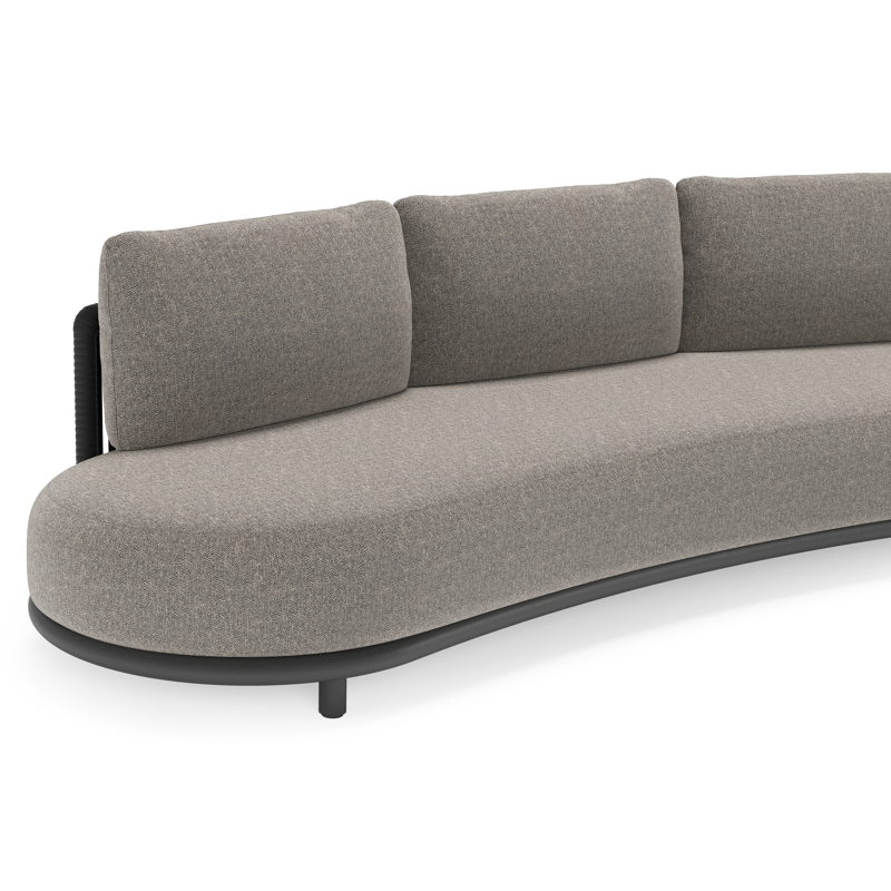 Canapé de jardin Lomano en aluminium noir et corde luxe plate tissée verticalement noir et coussins en all weather sunbrella® luxe chartres drizzle