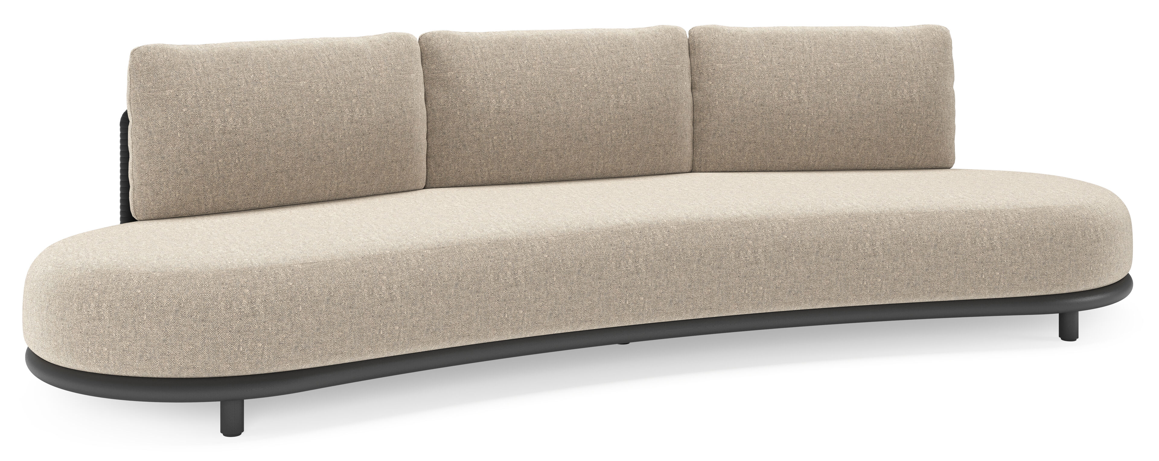 Lomano loungebank in zwart aluminium en zwart verticaal geweven luxe vlakke rope met chartres pewter all weather sunbrella® luxe kussen