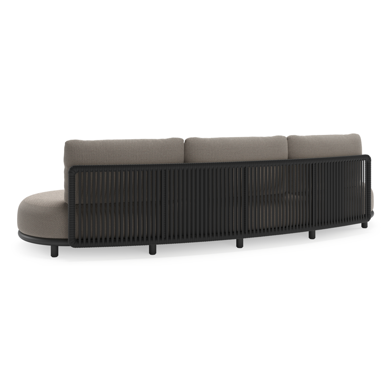 Lomano loungebank in zwart aluminium en zwart verticaal geweven luxe vlakke rope met lopi pepper all weather sunbrella® luxe kussen