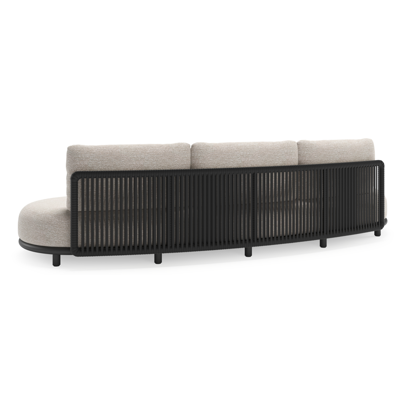Lomano loungebank in zwart aluminium en zwart verticaal geweven luxe vlakke rope met tundra sand all weather sunbrella® luxe kussen