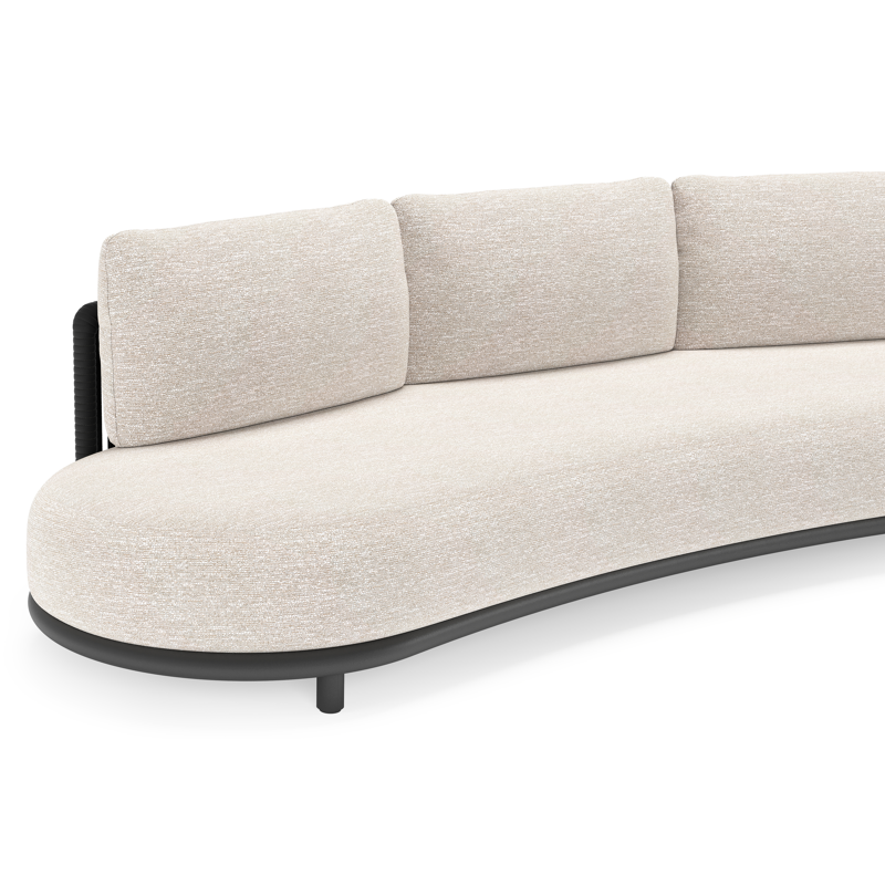 Lomano loungebank in zwart aluminium en zwart verticaal geweven luxe vlakke rope met tundra sand all weather sunbrella® luxe kussen