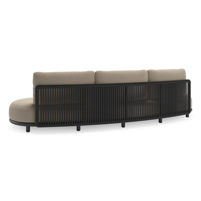 Canapé de jardin Lomano en aluminium noir et corde luxe plate tissée verticalement noir et coussins en all weather cosytica marbella beige