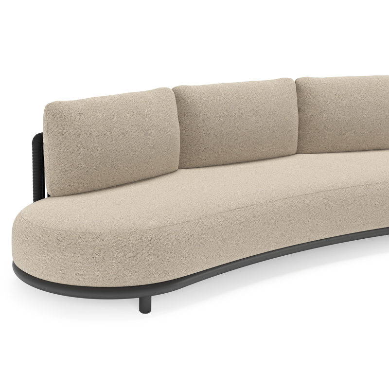 Canapé de jardin Lomano en aluminium noir et corde luxe plate tissée verticalement noir et coussins en all weather cosytica marbella beige