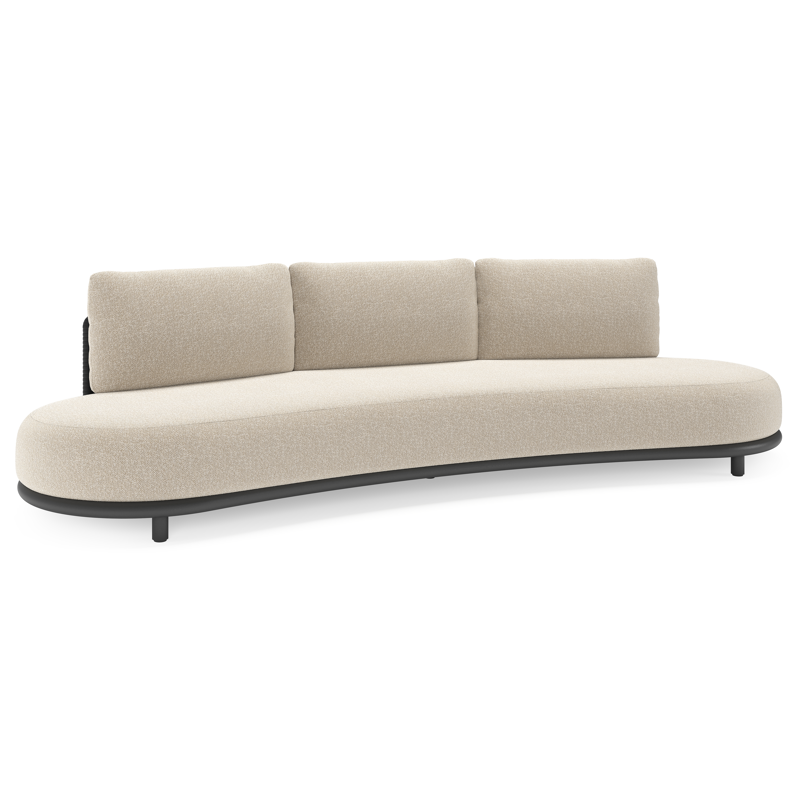 Canapé de jardin Lomano en aluminium noir et corde luxe plate tissée verticalement noir et coussins en all weather cosytica marbella ecru