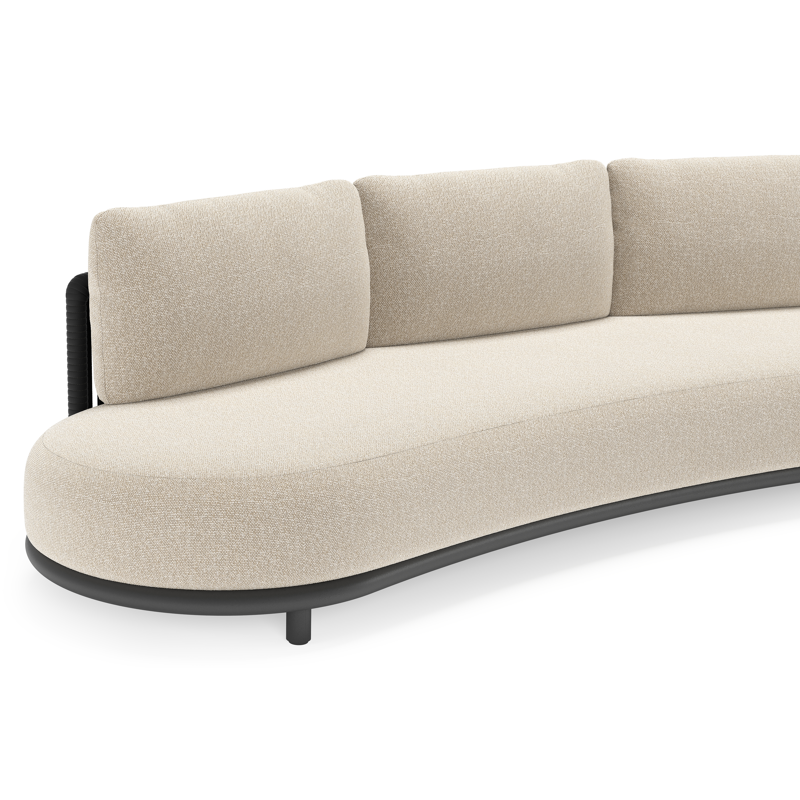 Canapé de jardin Lomano en aluminium noir et corde luxe plate tissée verticalement noir et coussins en all weather cosytica marbella ecru