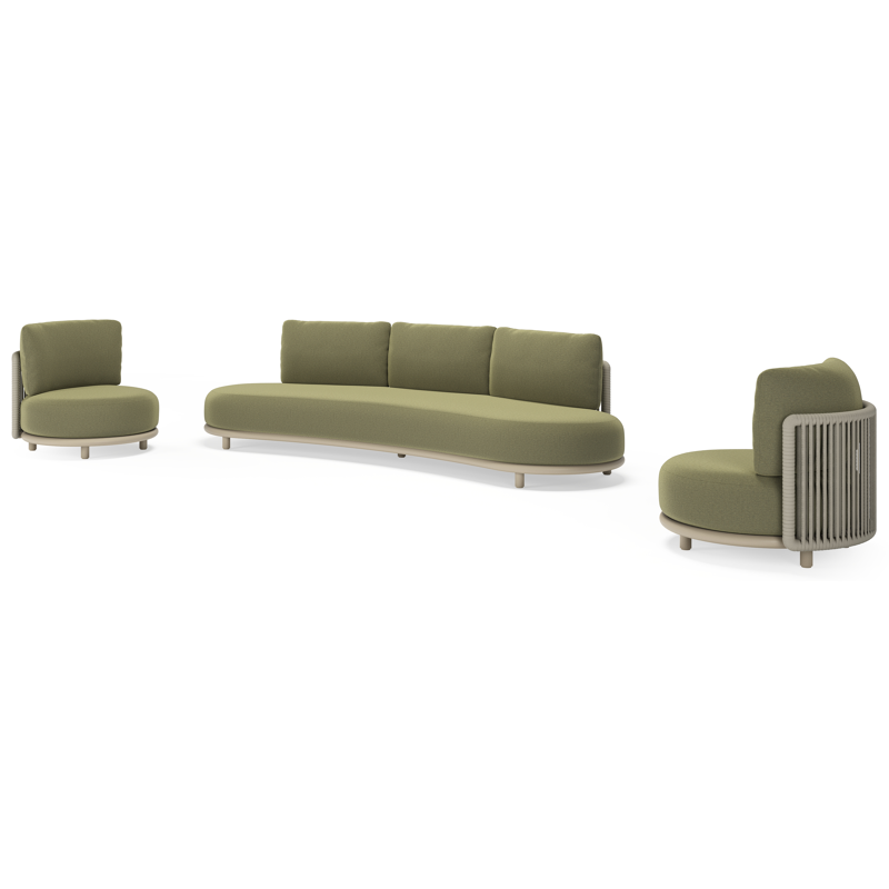 Salon de jardin Lomano en aluminium beige et corde luxe plate tissÃ©e verticalement beige et coussins en all weather sunbrellaÂ® luxe Heritage Leaf