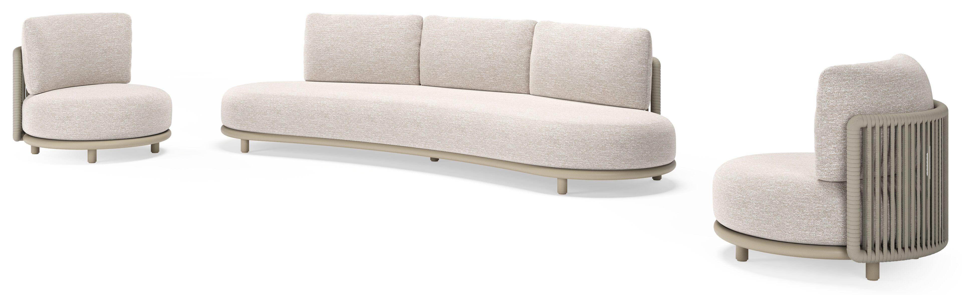 Lomano loungeset in beige aluminium en beige verticaal geweven luxe vlakke rope met Tundra Sand all weather sunbrellaÂ® luxe