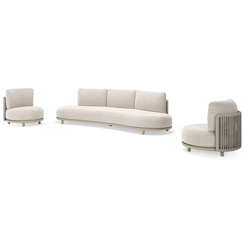 Lomano loungeset in beige aluminium en beige verticaal geweven luxe vlakke rope met Tundra Sand all weather sunbrella® luxe