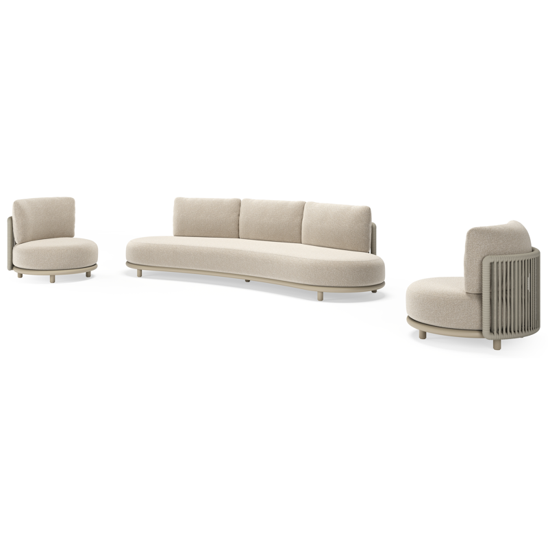 Salon de jardin Lomano en aluminium beige et corde luxe plate tissée verticalement beige et coussins en all weather cosytica Marbella Ecru