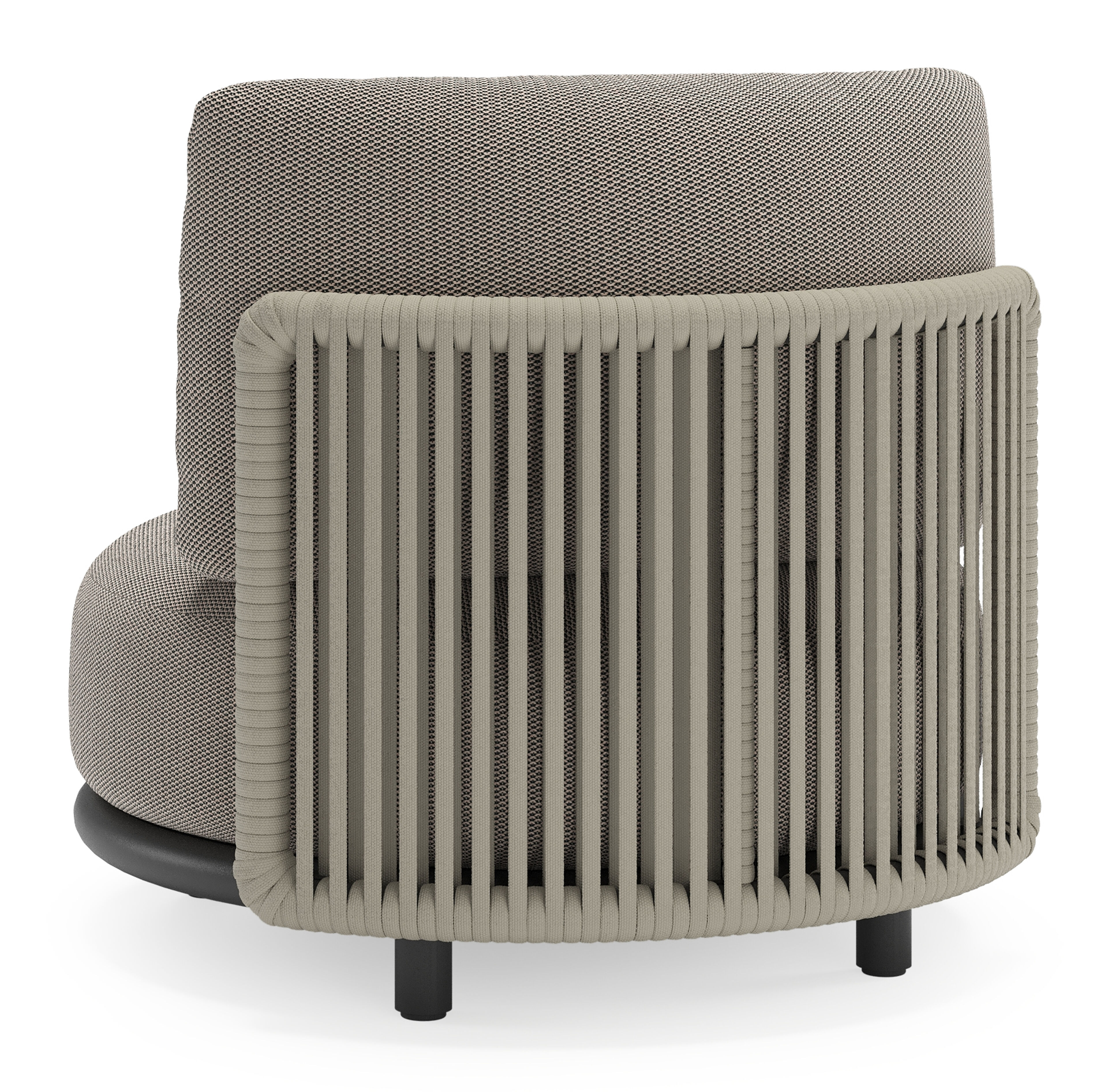 Lomano loungestoel in zwart aluminium en beige verticaal geweven luxe vlakke rope met Lopi Pepper all weather sunbrella® luxe