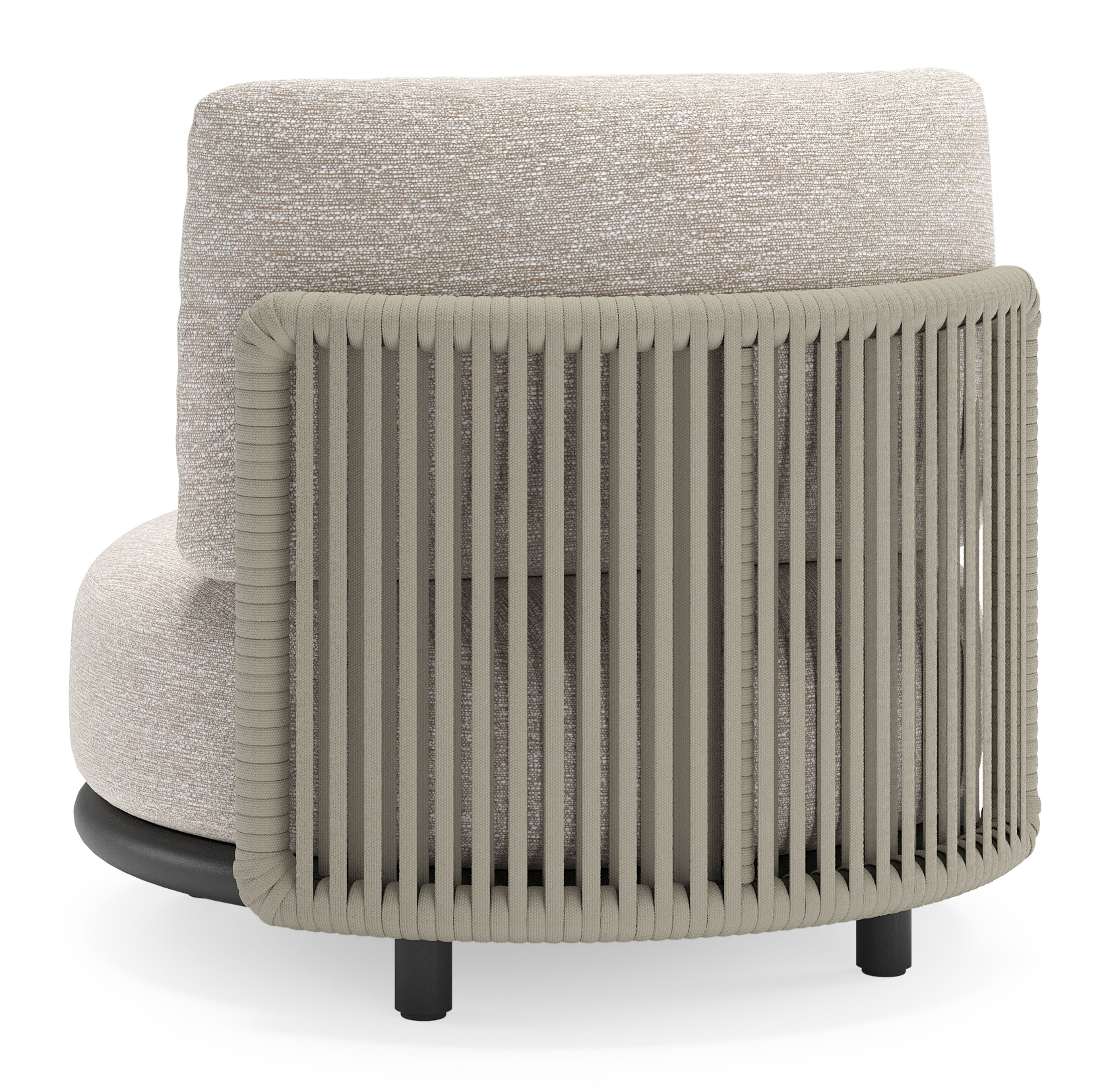 Lomano loungestoel in zwart aluminium en beige verticaal geweven luxe vlakke rope met Tundra Sand all weather sunbrella® luxe