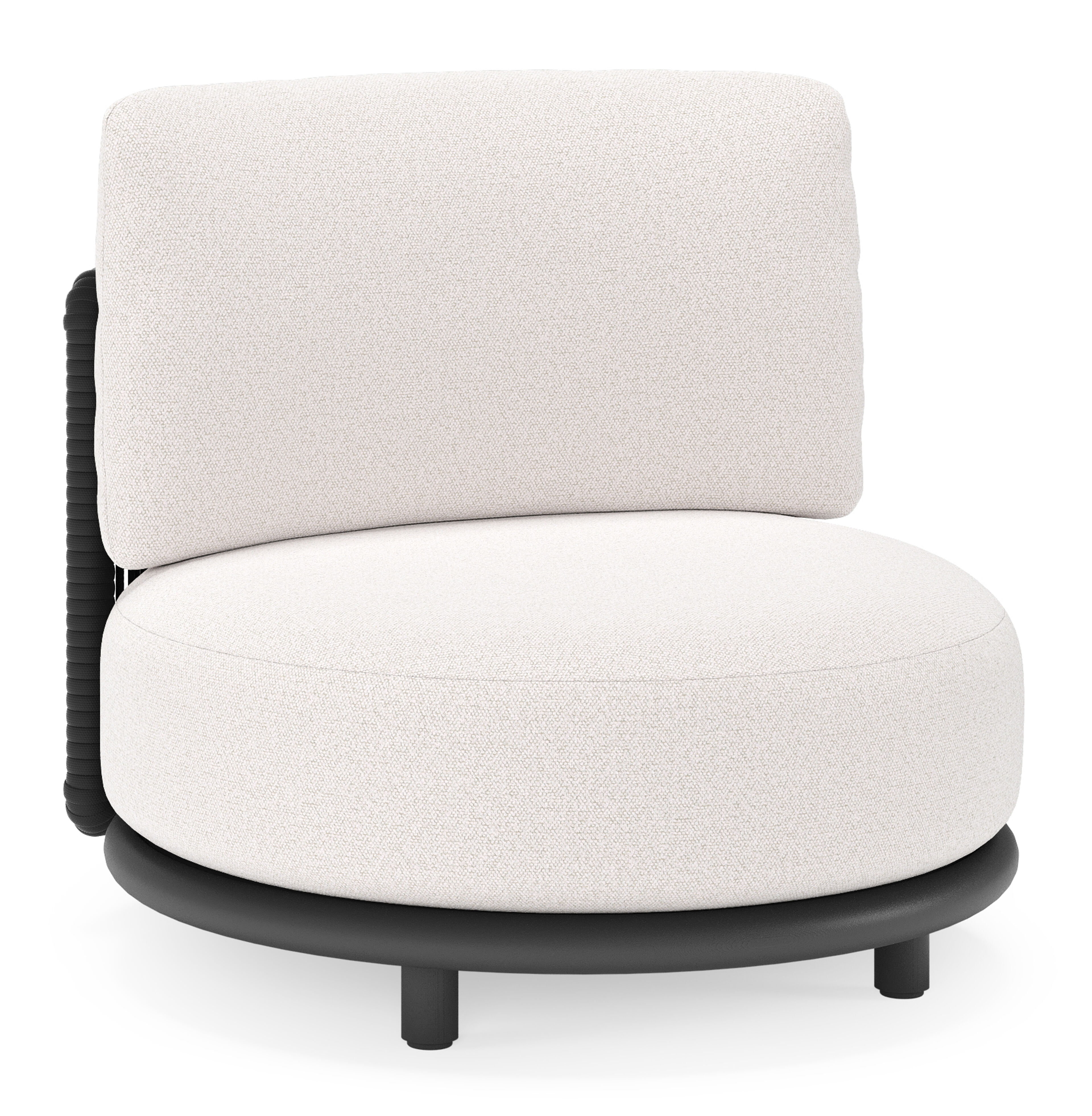 Fauteuil de jardin Lomano en aluminium noir et corde luxe plate tissée verticalement beige et coussins en all weather solica ego eggshell