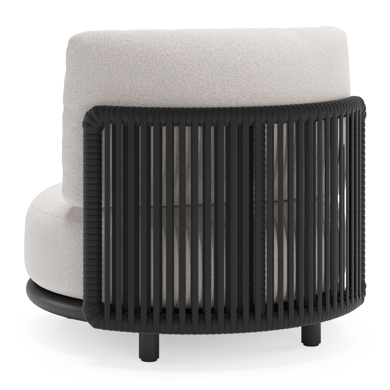Lomano loungestoel in zwart aluminium en beige verticaal geweven luxe vlakke rope met ego eggshell all weather solica kussen