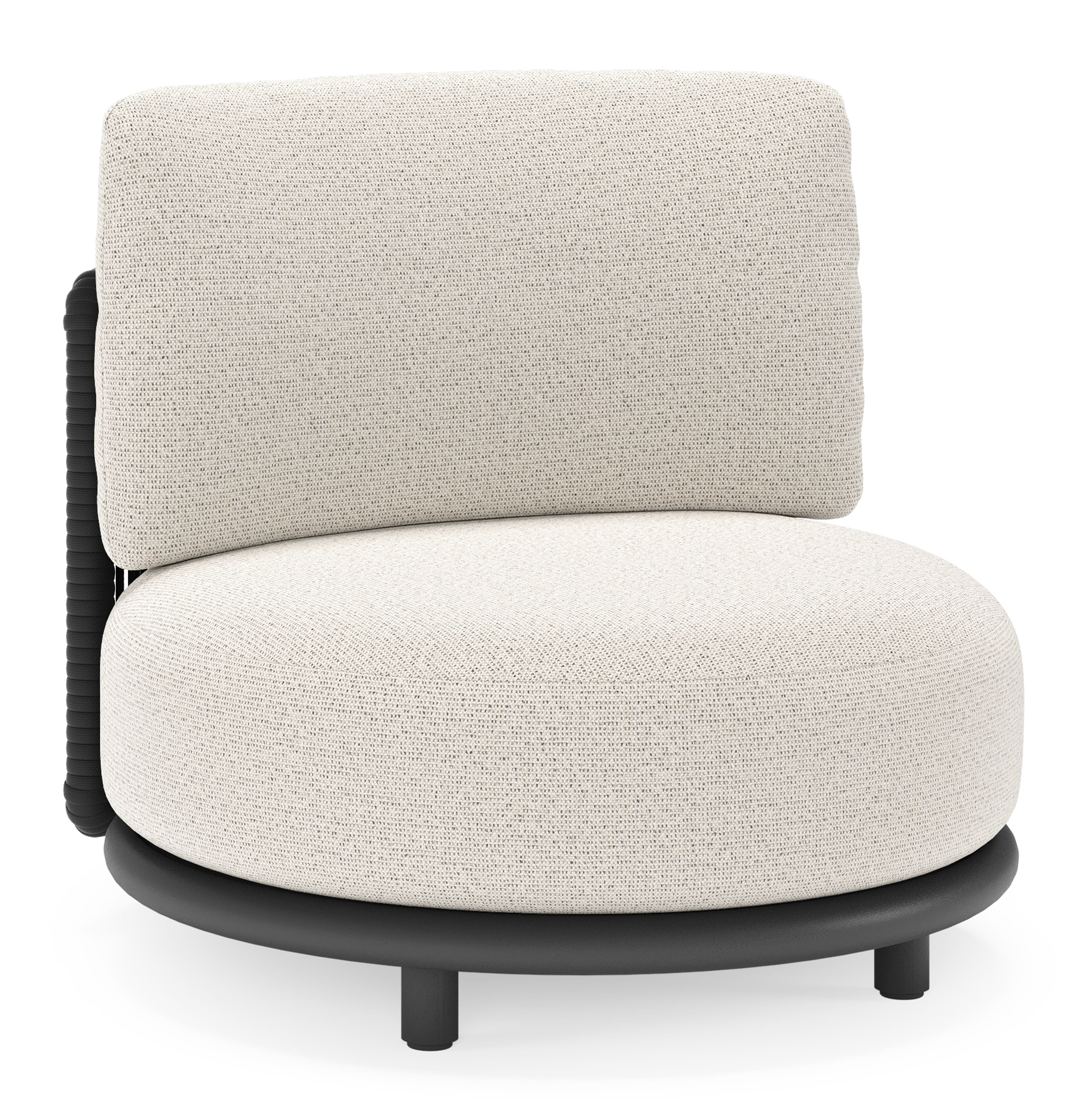 Fauteuil de jardin Lomano en aluminium noir et corde luxe plate tissée verticalement beige et coussins en all weather solica firenze natural