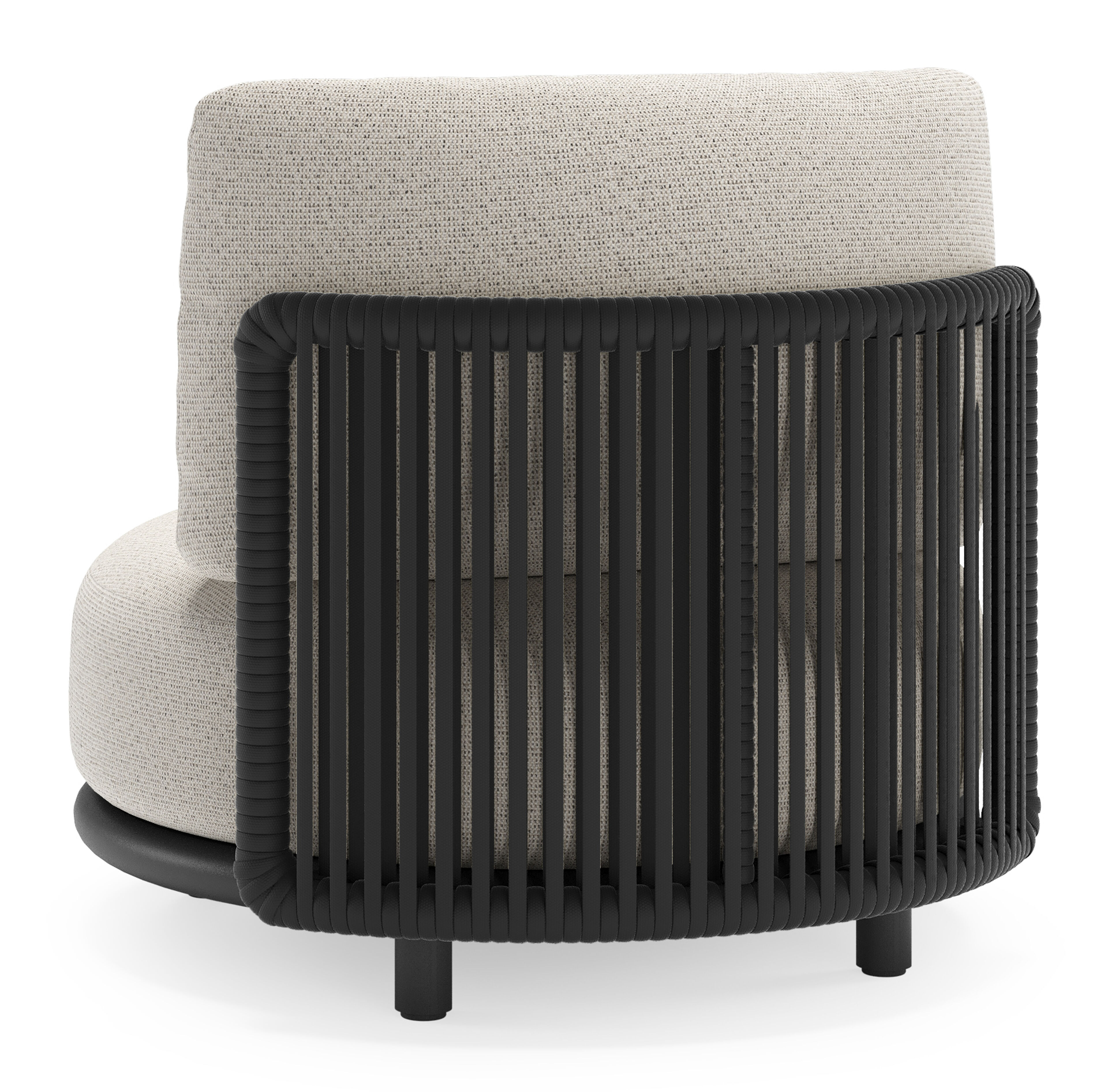 Fauteuil de jardin Lomano en aluminium noir et corde luxe plate tissée verticalement beige et coussins en all weather solica firenze natural
