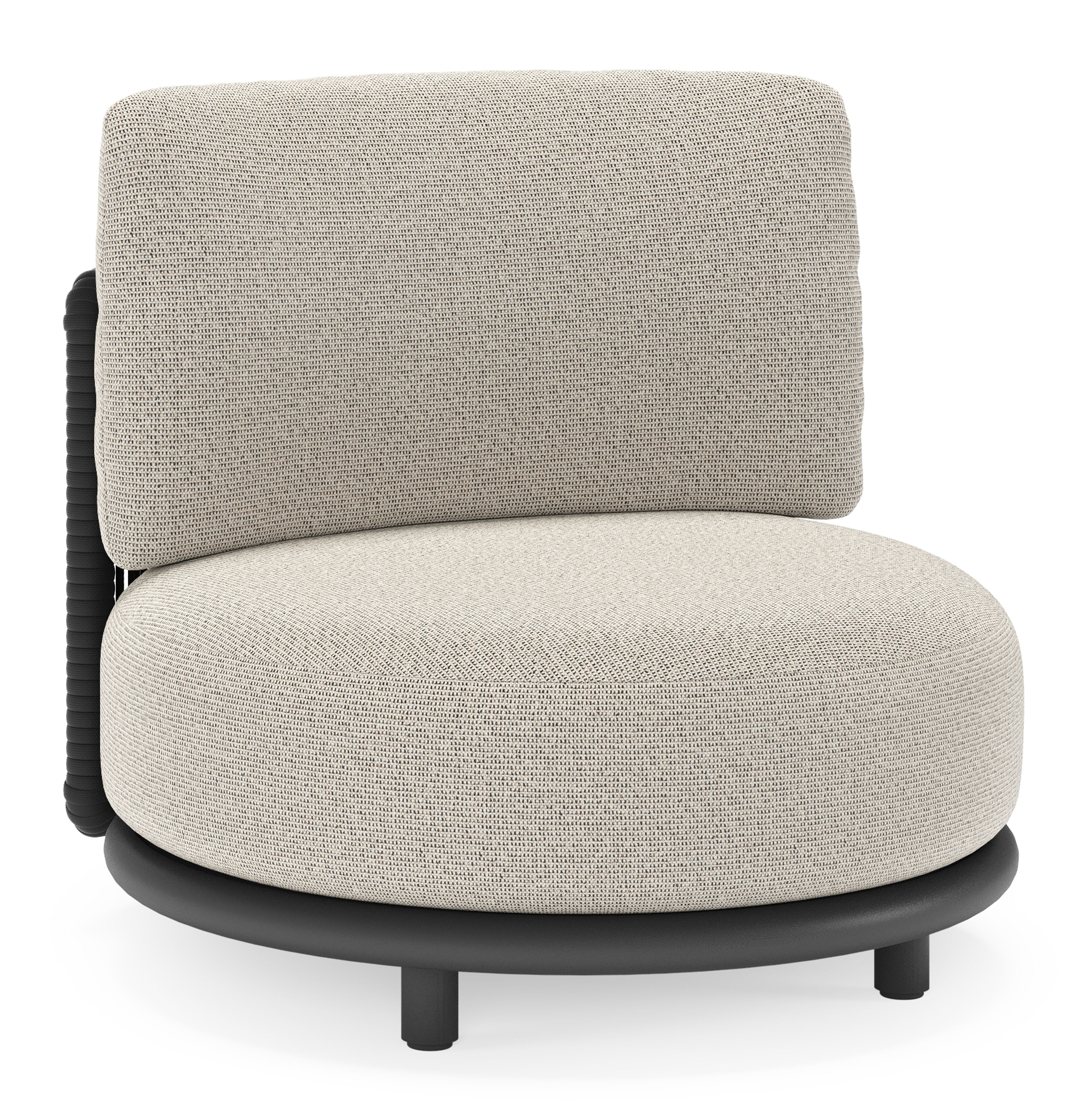 Fauteuil de jardin Lomano en aluminium noir et corde luxe plate tissée verticalement beige et coussins en all weather solica firenze sand