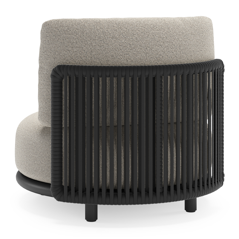 Lomano loungestoel in zwart aluminium en beige verticaal geweven luxe vlakke rope met firenze sand all weather solica kussen