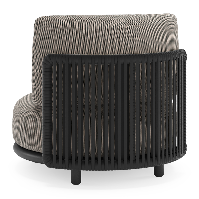 Lomano loungestoel in zwart aluminium en beige verticaal geweven luxe vlakke rope met lopi pepper all weather sunbrella® luxe kussen