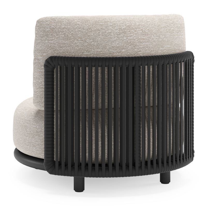 Lomano loungestoel in zwart aluminium en beige verticaal geweven luxe vlakke rope met tundra sand all weather sunbrella® luxe kussen