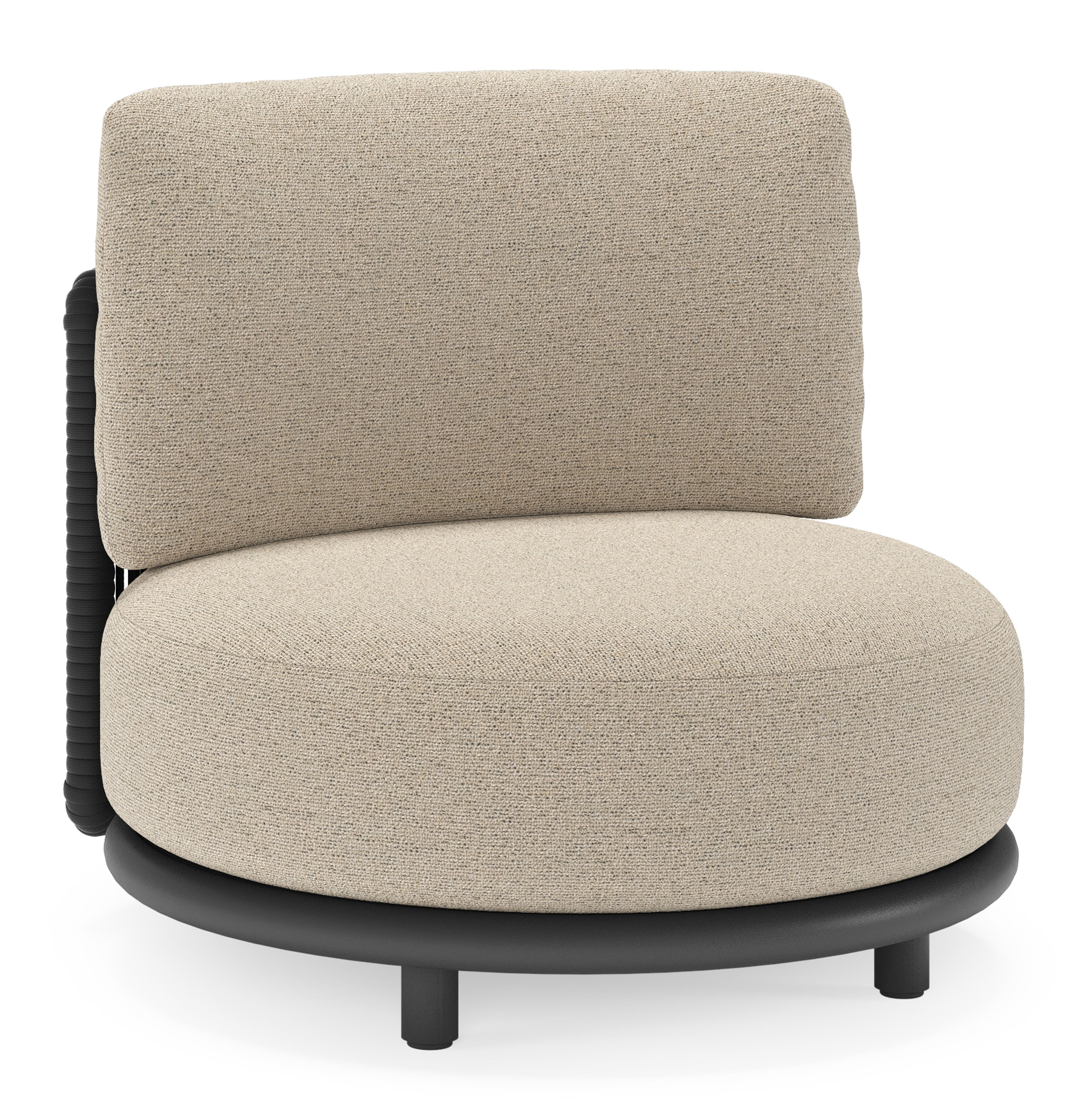 Fauteuil de jardin Lomano en aluminium noir et corde luxe plate tissée verticalement beige et coussins en all weather cosytica marbella beige