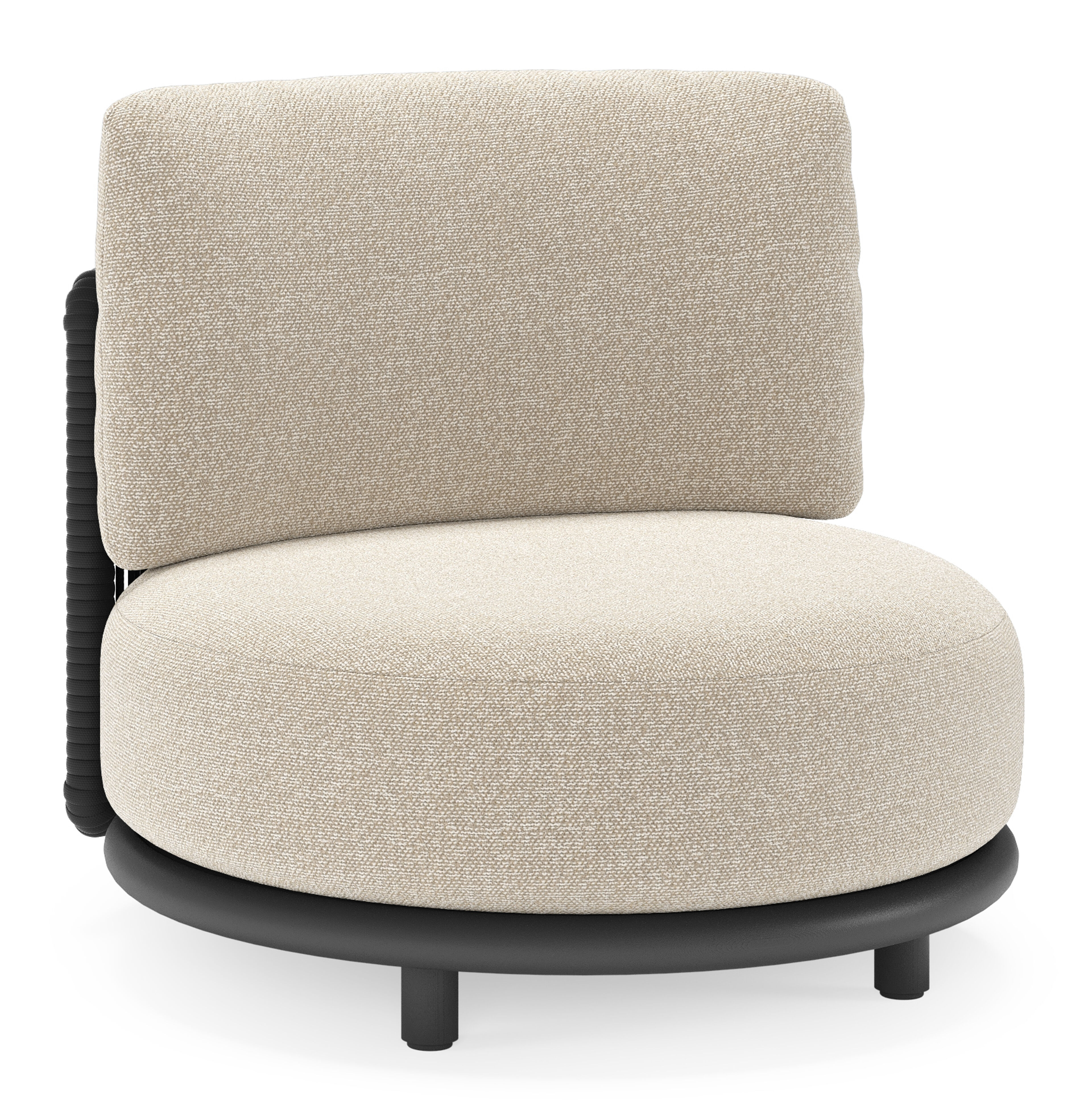 Fauteuil de jardin Lomano en aluminium noir et corde luxe plate tissée verticalement beige et coussins en all weather cosytica marbella ecru