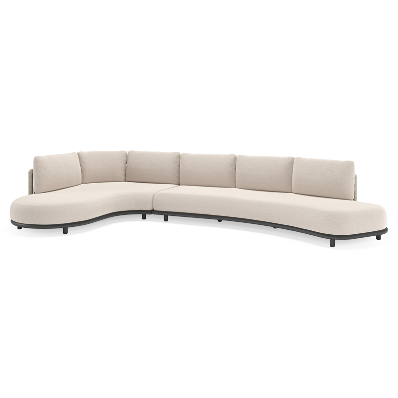Lomano loungehoek in zwart aluminium en beige verticaal geweven luxe vlakke rope met Slow Farafra all weather sunbrella® luxe