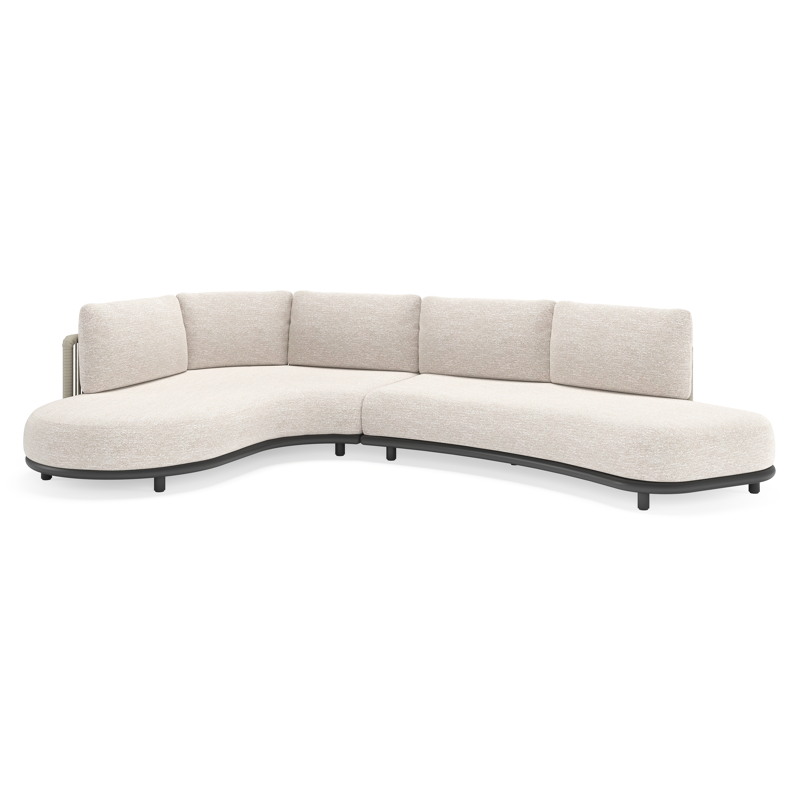 Lomano loungehoek in zwart aluminium en beige verticaal geweven luxe vlakke rope met Tundra Sand all weather sunbrella® luxe