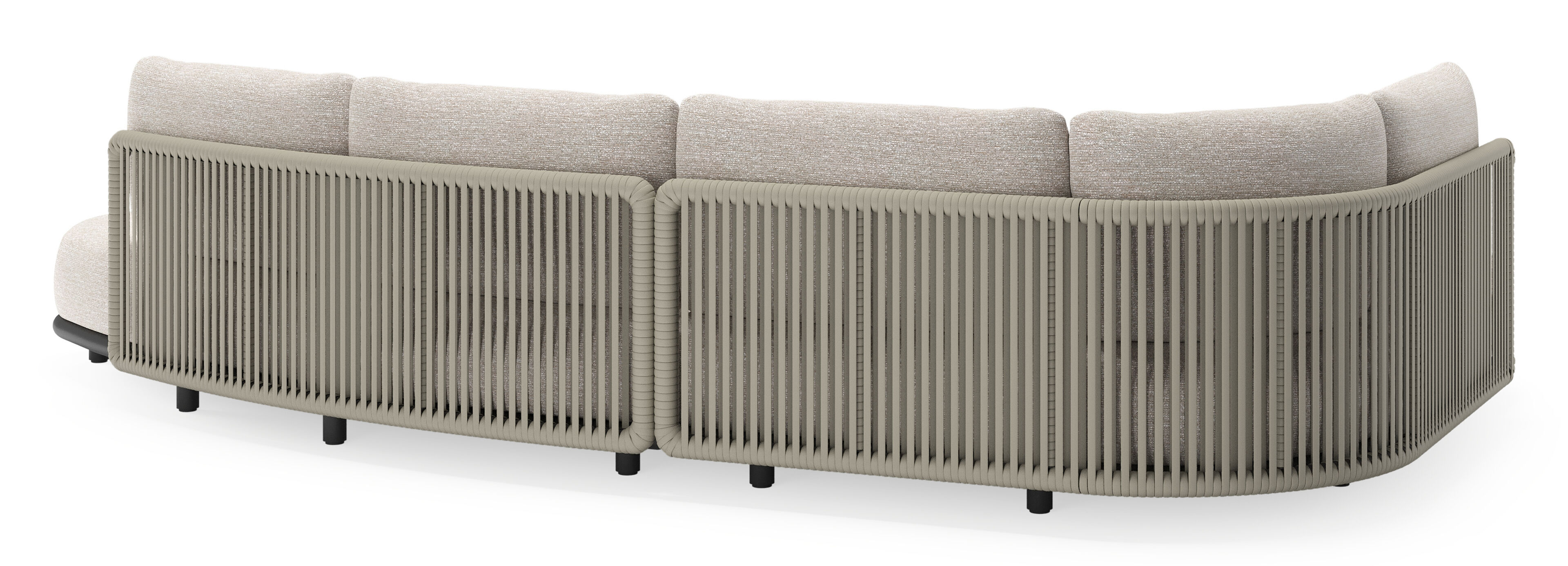 Lomano loungehoek in zwart aluminium en beige verticaal geweven luxe vlakke rope met Tundra Sand all weather sunbrella® luxe