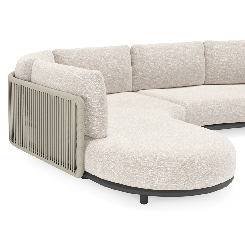 Lomano loungehoek in zwart aluminium en beige verticaal geweven luxe vlakke rope met Tundra Sand all weather sunbrella® luxe