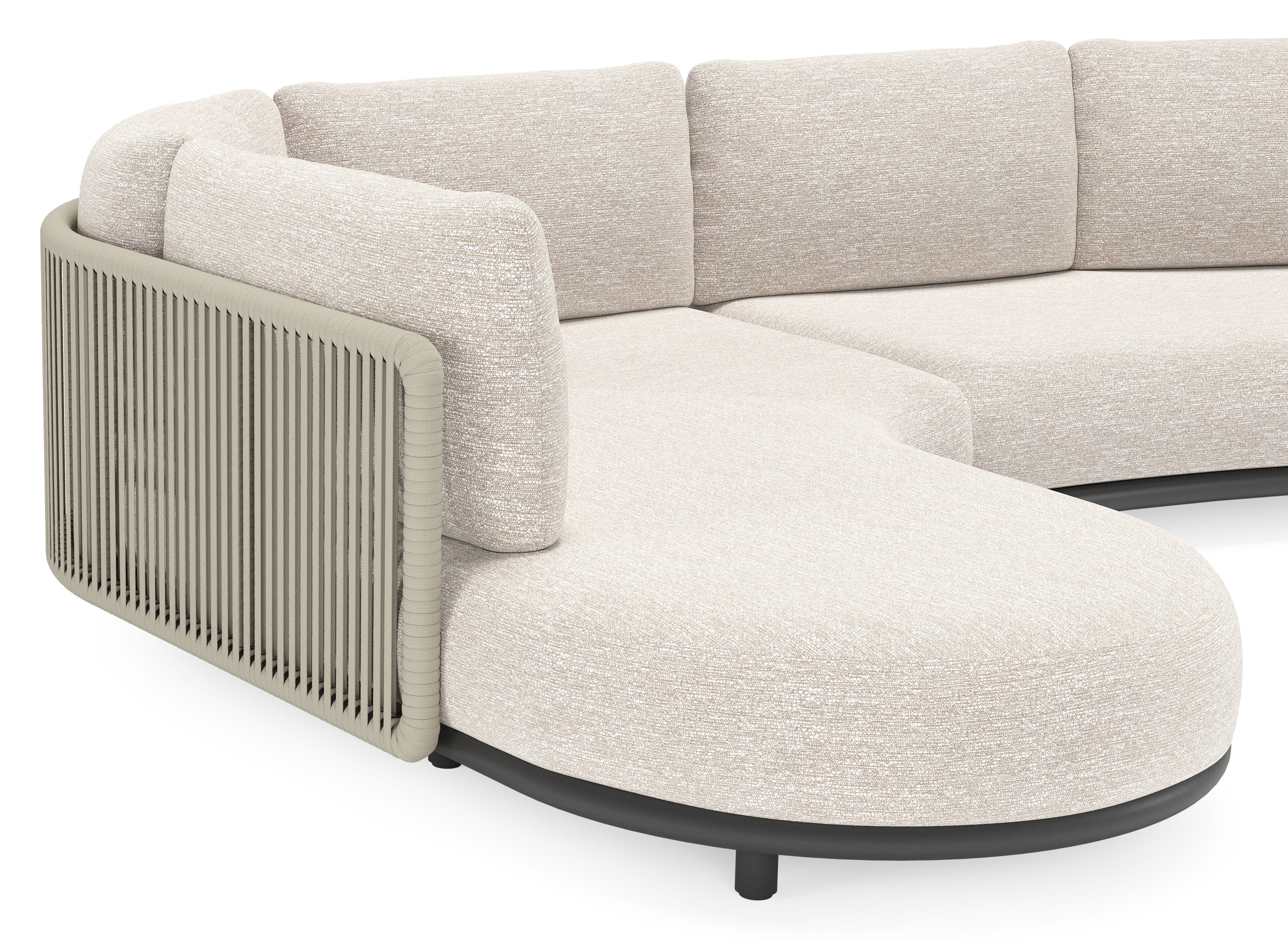 Lomano loungehoek in zwart aluminium en beige verticaal geweven luxe vlakke rope met Tundra Sand all weather sunbrella® luxe