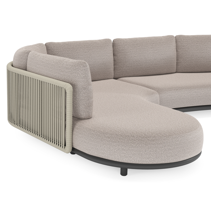 Lomano loungehoek in zwart aluminium en beige verticaal geweven luxe vlakke rope met Wander Granite all weather sunbrella® luxe
