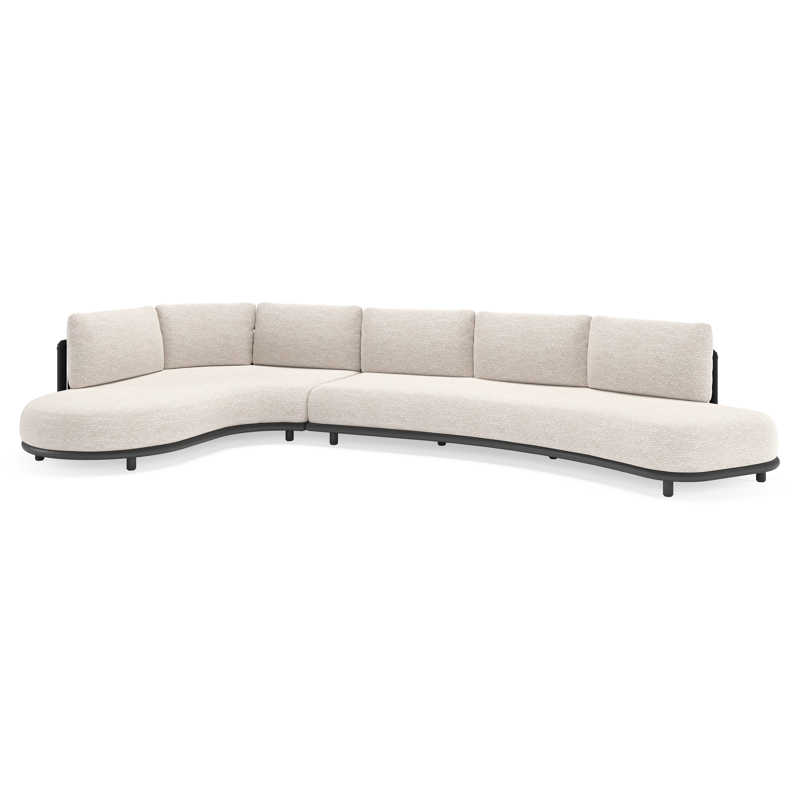 Lomano loungehoek in zwart aluminium en zwart verticaal geweven luxe vlakke rope met tundra sand all weather sunbrella® luxe kussen