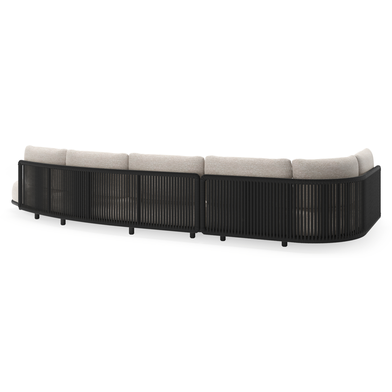 Lomano loungehoek in zwart aluminium en zwart verticaal geweven luxe vlakke rope met tundra sand all weather sunbrella® luxe kussen