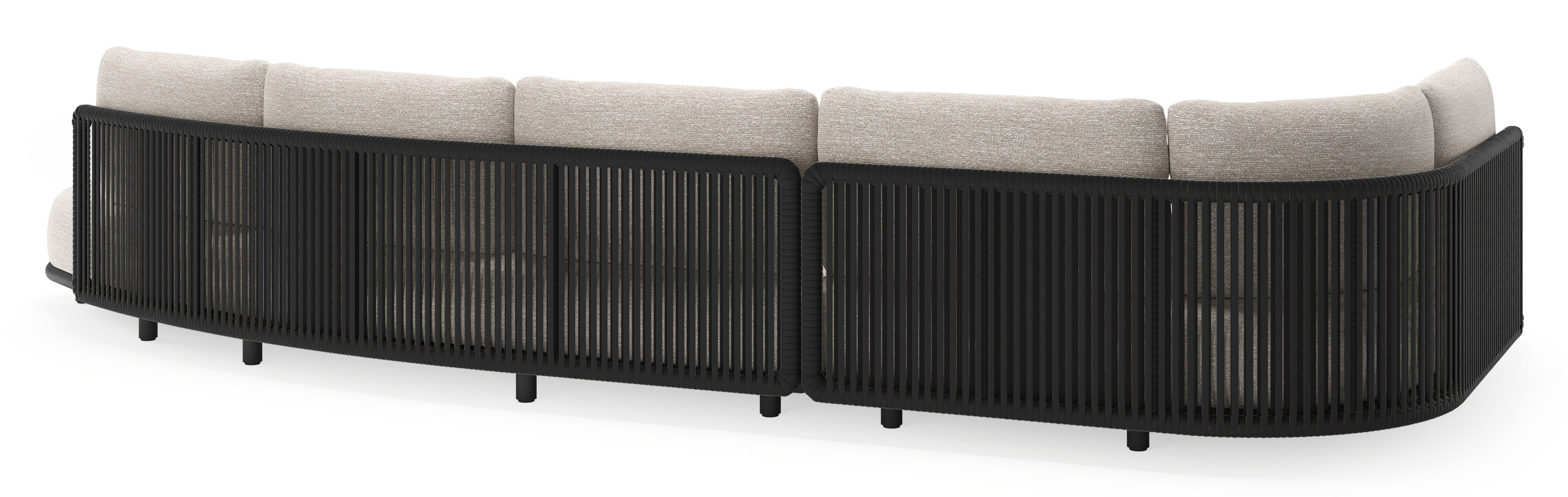 Lomano loungehoek in zwart aluminium en zwart verticaal geweven luxe vlakke rope met tundra sand all weather sunbrella® luxe kussen