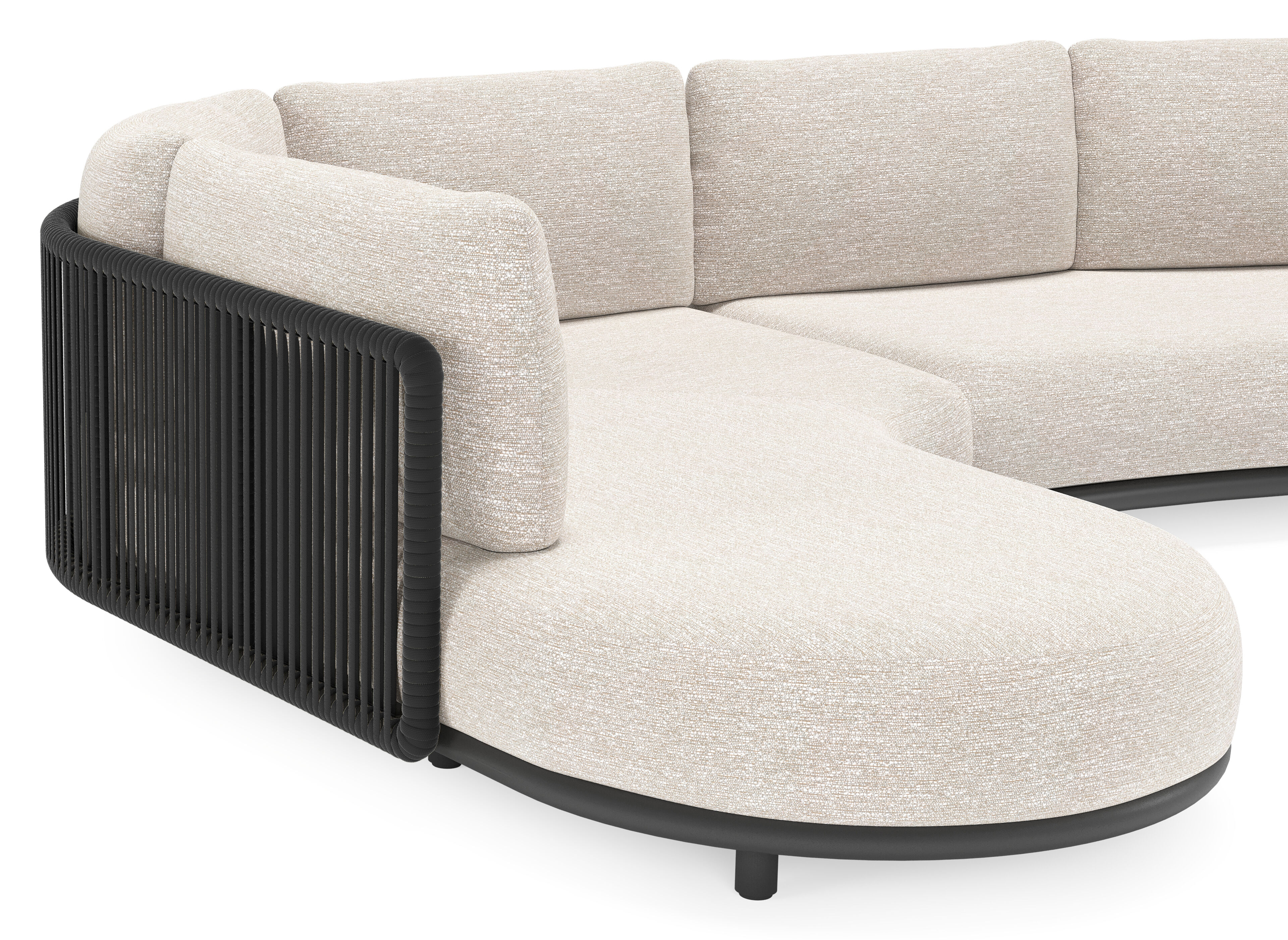 Lomano loungehoek in zwart aluminium en zwart verticaal geweven luxe vlakke rope met tundra sand all weather sunbrella® luxe kussen