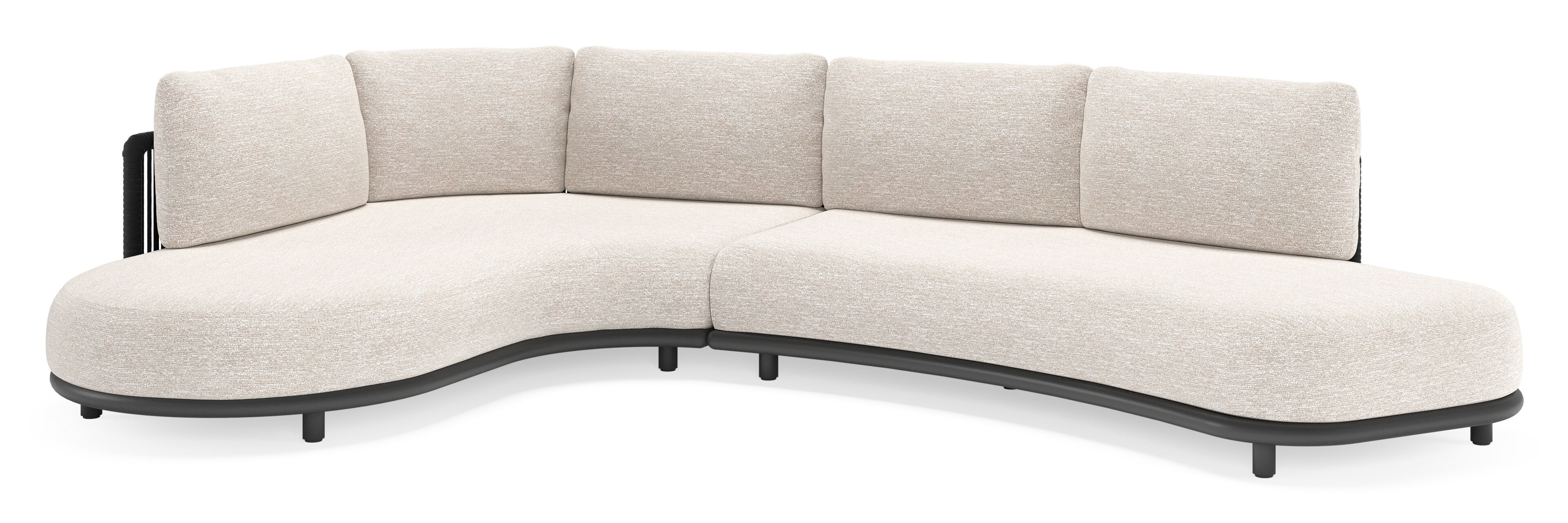 Lomano loungehoek in zwart aluminium en zwart verticaal geweven luxe vlakke rope met tundra sand all weather sunbrella® luxe kussen