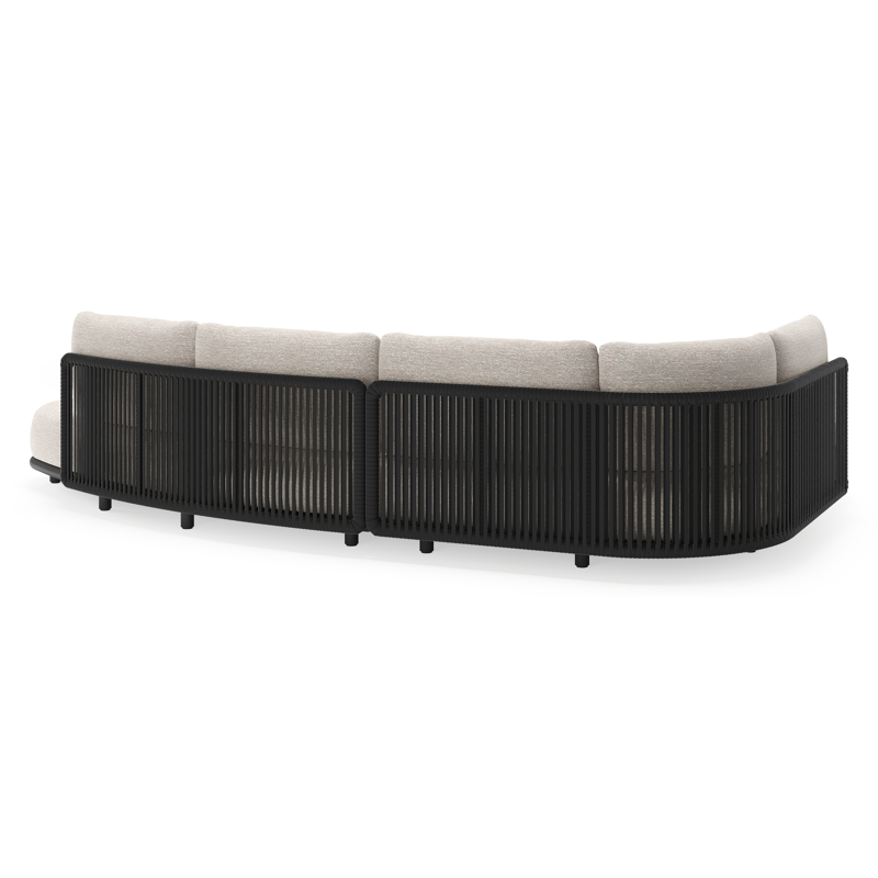 Lomano loungehoek in zwart aluminium en zwart verticaal geweven luxe vlakke rope met tundra sand all weather sunbrella® luxe kussen