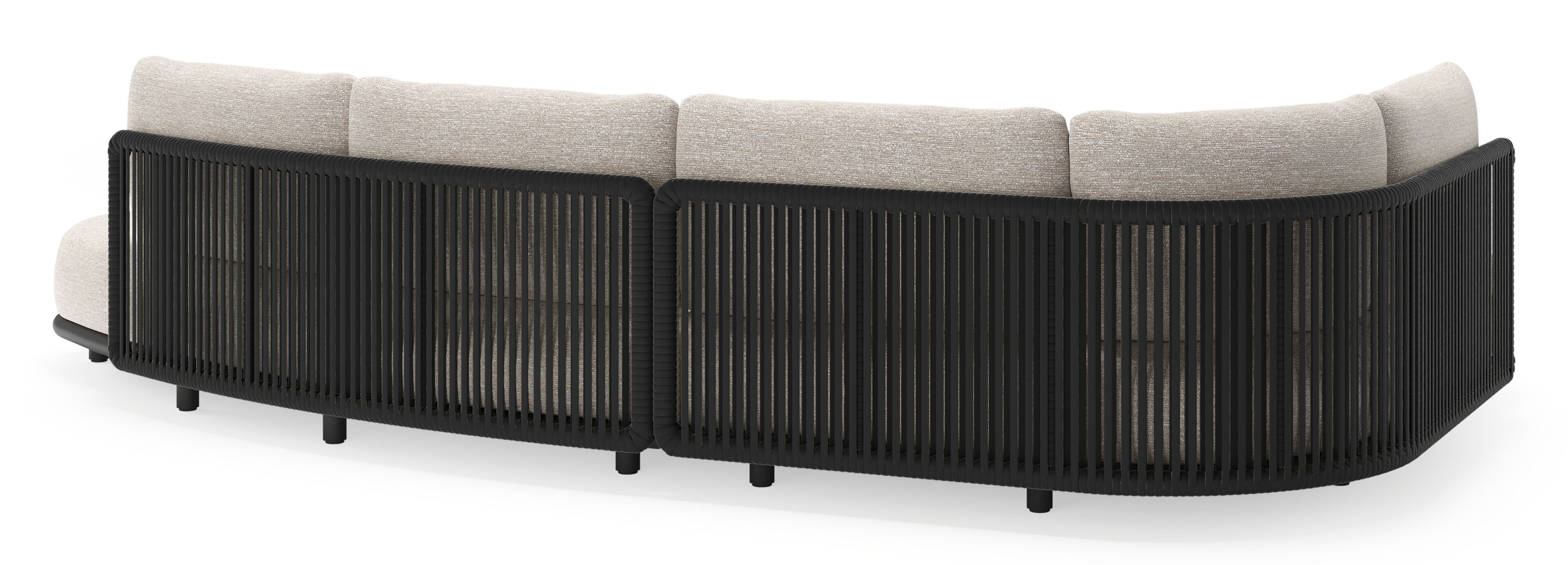 Lomano loungehoek in zwart aluminium en zwart verticaal geweven luxe vlakke rope met tundra sand all weather sunbrella® luxe kussen
