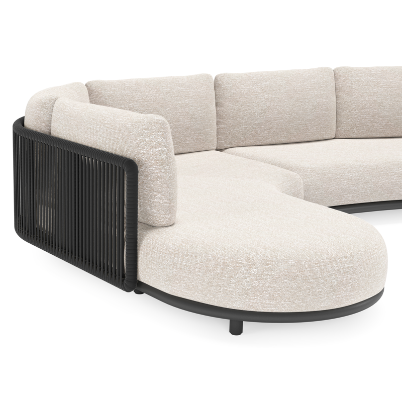 Lomano loungehoek in zwart aluminium en zwart verticaal geweven luxe vlakke rope met tundra sand all weather sunbrella® luxe kussen