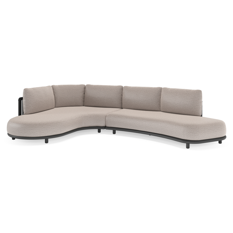 Lomano loungehoek in zwart aluminium en zwart verticaal geweven luxe vlakke rope met wander granite all weather sunbrella® luxe kussen