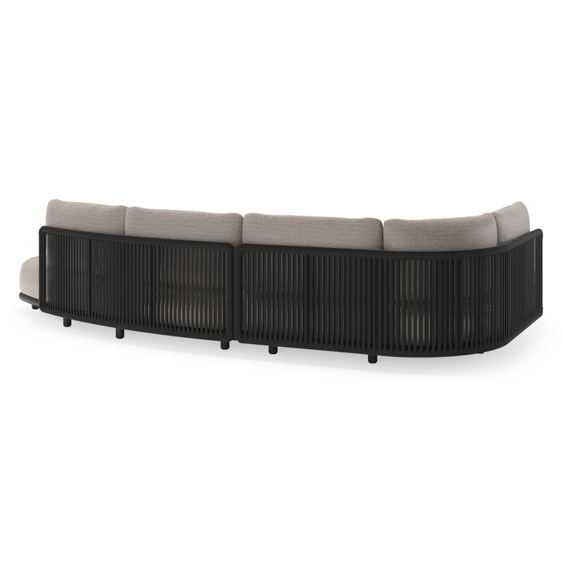 Lomano loungehoek in zwart aluminium en zwart verticaal geweven luxe vlakke rope met wander granite all weather sunbrella® luxe kussen