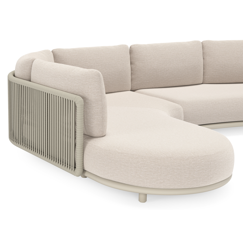 Lomano loungehoek in beige aluminium en beige verticaal geweven luxe vlakke rope met Slow Farafra all weather sunbrellaÂ® luxe